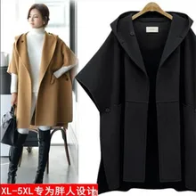 Женское повседневное шерстяное пальто, весна-осень, большой размер, свободный рукав летучая мышь, плащ, куртка размера плюс, шерстяное пальто с капюшоном, 5XL W611