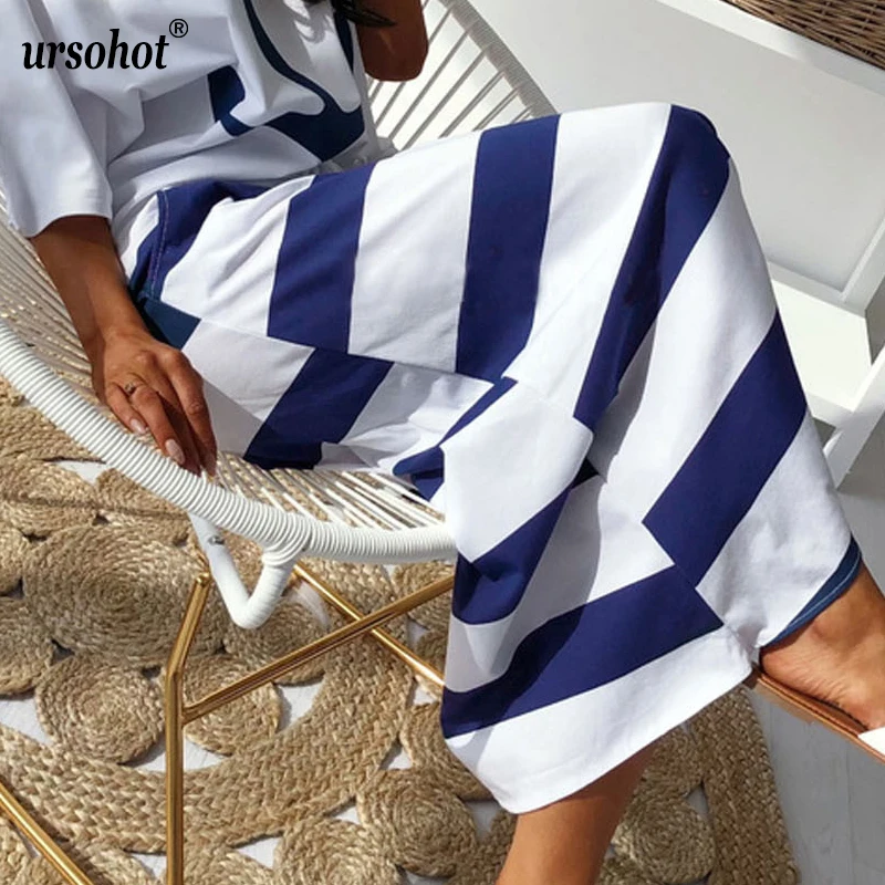 Ursohot 2019 новые осенние длинные юбки для Для женщин в полоску белого и синего цвета