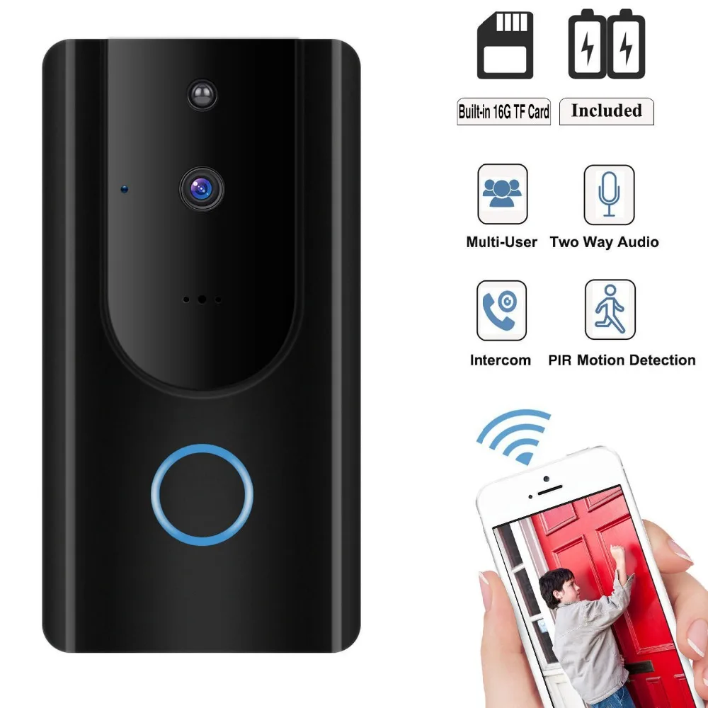 720P Wifi Video Doorbell Security Camera Motion Detection Alarm Built-in TF Card Two Way Audio Battery APP Control
