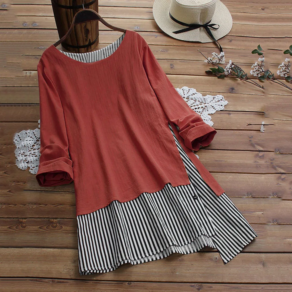 

Women Casual Loose Blouse Loose Plus Size Cotton And Linen Full Sleeve Solid Striped Button Blouse Tops Bluzka
