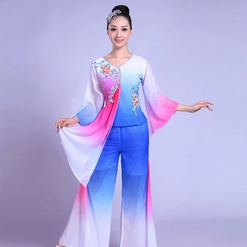 Китайский стиль Hanfu классическая одежда Yangko женский костюм "Веер" Танец национальный танец представление одежда квадратный танец одежда - Цвет: 1