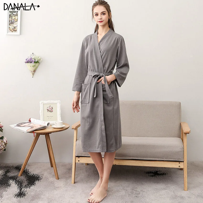 DANALA Autumn Warm Cotton Women Bathrobe Long Sleeve Belt Elegant Female Sleepwear Night Wear