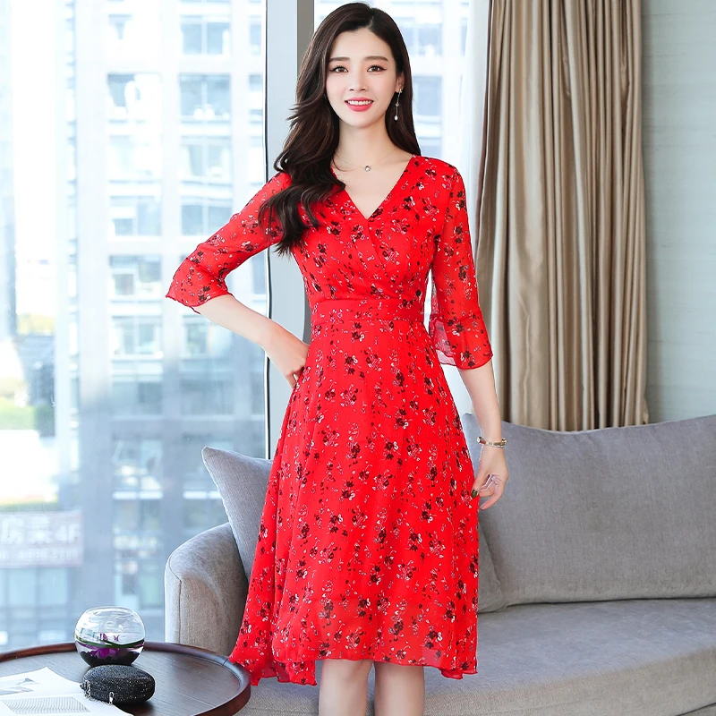 

Summer Women Floral Dress Red Lady Elegant Korean Cute Casual Midi Beach Dress Print Red Girl Vintage Runway Evening Vestidos
