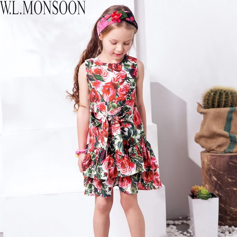 W. L. MONSOON/платье принцессы с бантом; коллекция года; Летние платья для девочек; детская одежда с розами; Disfraz Princesa; Детские костюмы; От 3 до 12 лет