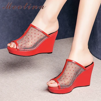 

Meotina Women Slides Summer Shoes Natural Cow Leather Platform Wedge High Heel Shoes Mesh Peep Toe Slippers Lady Sandals Red 41