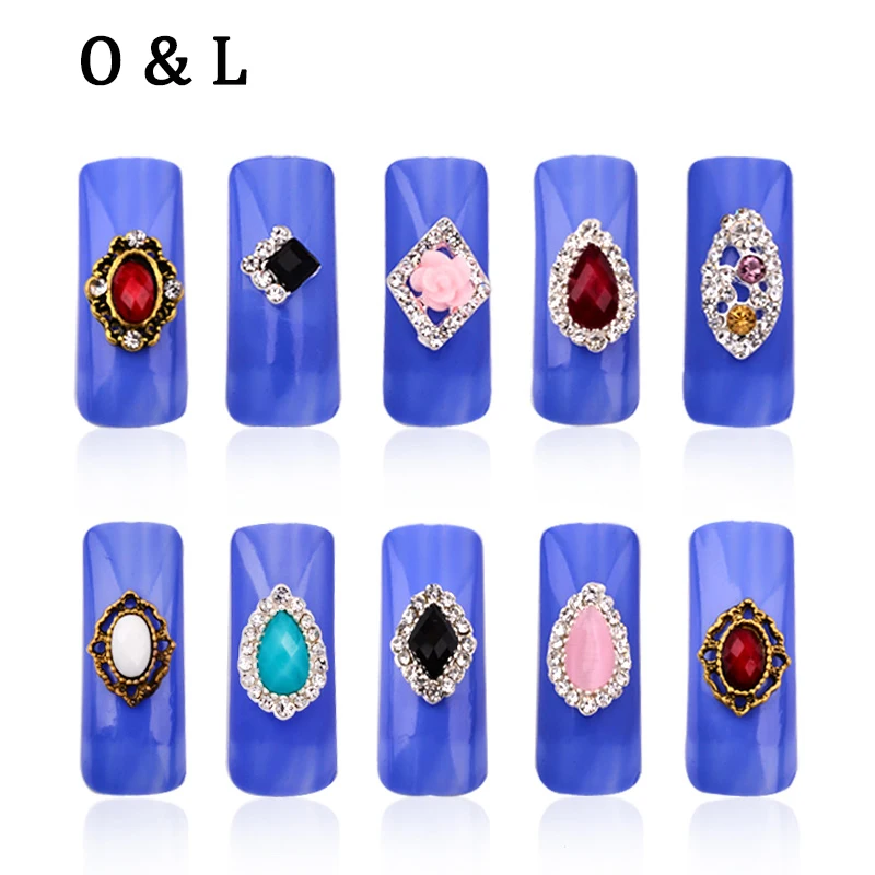 New Glitter Rhinestone Alloy font b Nail b font Art Mix 10pcs lot Flowers Hollow font