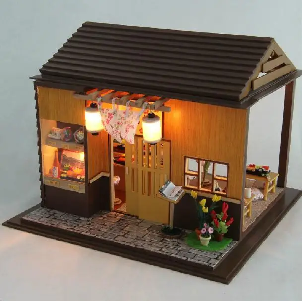 Wooden Dollhouse Miniature Simulation Sushi bars Model DIY Kit With