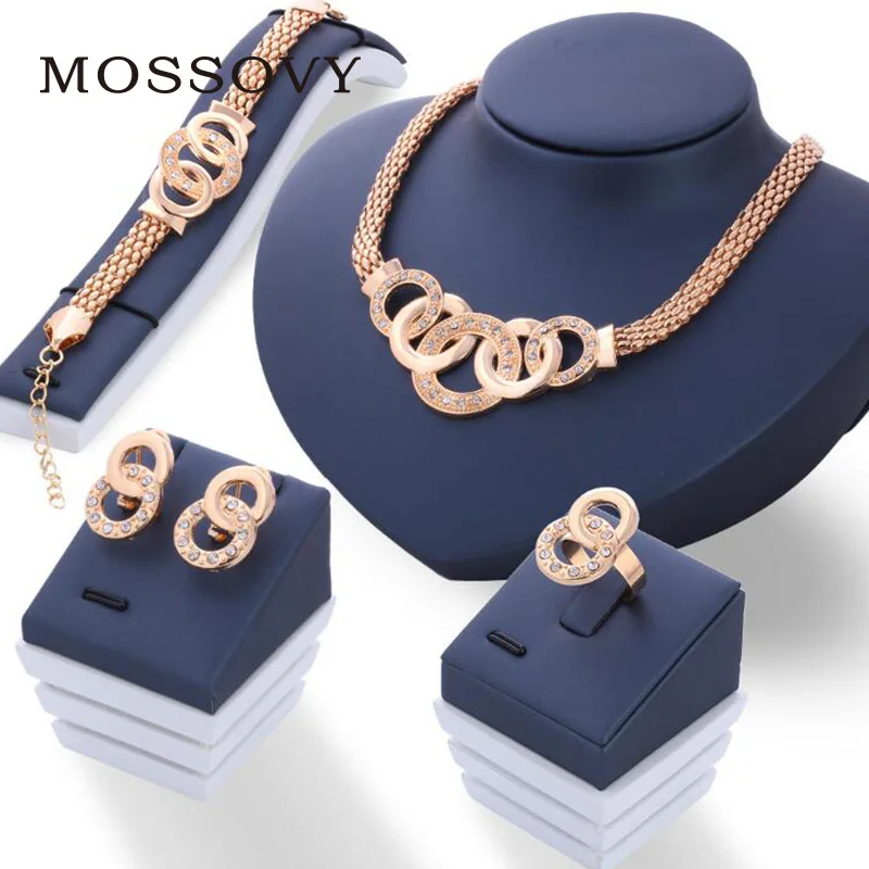

Mossovy Charms Top-Brand 4 PC Braceler Earrings Set Elegant Rose Gold Color Metal Women Accessories Dance Party Jewelry For Wome
