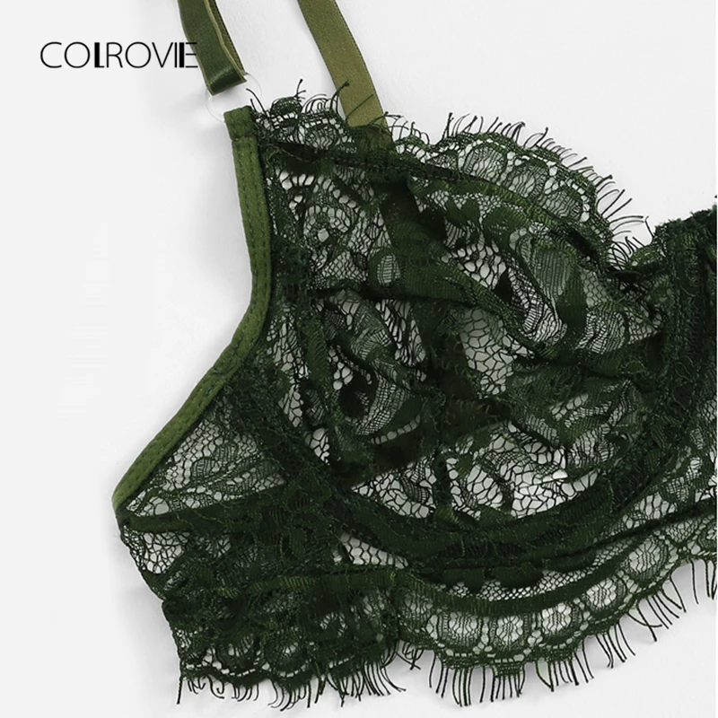 COLROVIE Army Green Eyelash Lace Sexy Lingerie Set 2018 Women Wireless Transparent Underwear Set Female Elegant Intimates