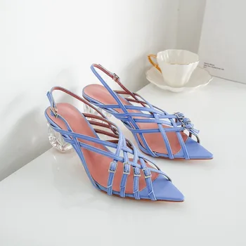 

MLJUESE 2019 women sandals Patent leather purple color cutouts cross-tied open toe high heels beaches sandals party dress