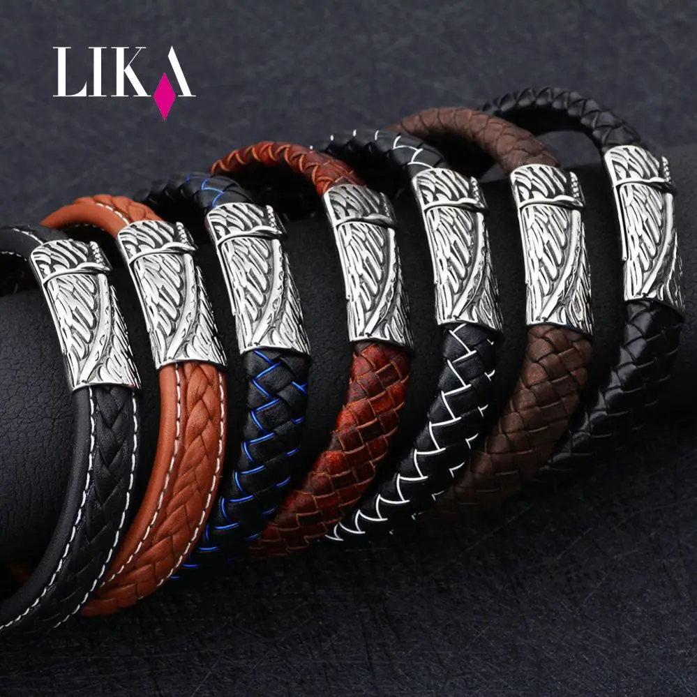 

LIKA 2018 Fashion Men Charm Simple Classic Bracelets Braid Leather Bracelets Stainless Steel Magnet Buckle Pulseiras Masculinas