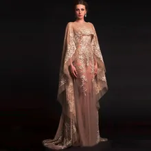 Vestido de noiva Muslimischen Dubai Kaftan Arabisch Champagne Abendkleider 2017 Langarm Top Spitze Lange Abschlussball-kleid-formale Kleid