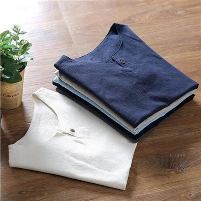  2019 Chinese Style Spring Summer Men Shirts Cotton Linen Solid V Collar Shirt Plus Size Traditional