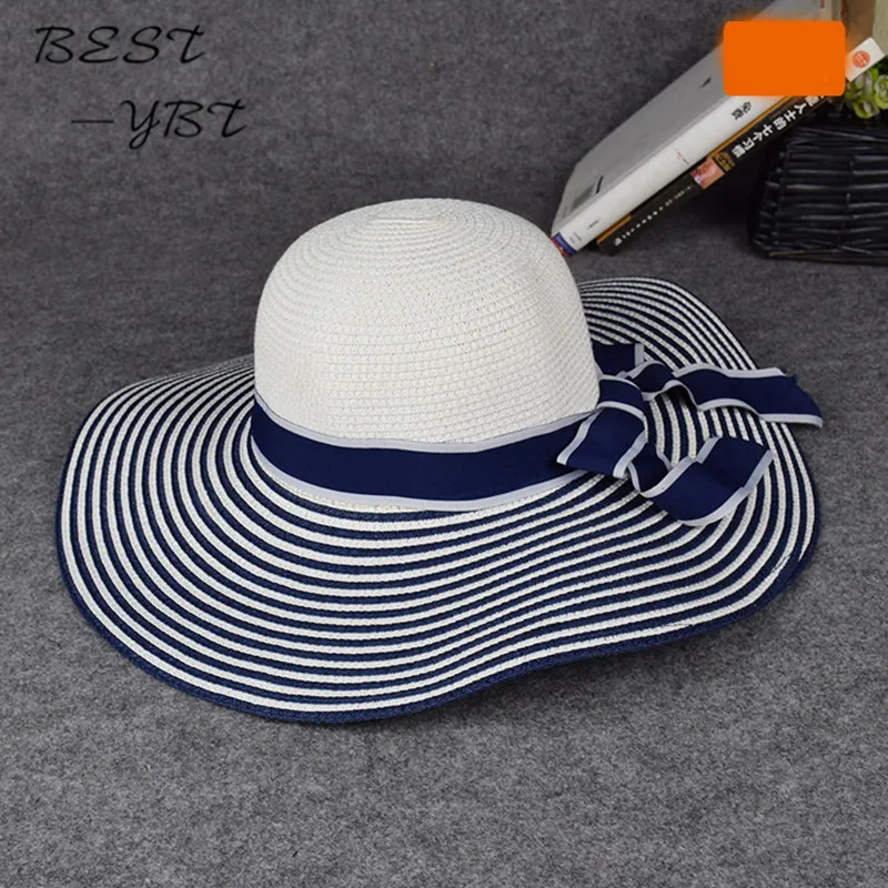 Новая Корейская версия черная и белая полоска летняя пляжная шляпа крупнозернистая солома Панама от солнца козырек летние шляпы для женщин
