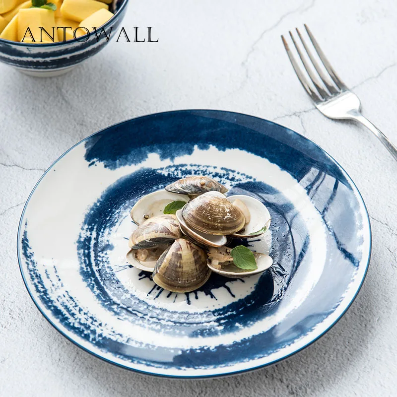ANTOWALL, индивидуальная посуда с синими чернилами, тарелка для соевого соуса, диск 12 дюймов, большая Рыбная тарелка, тарелка для дома, ресторана, супа, фарфоровая