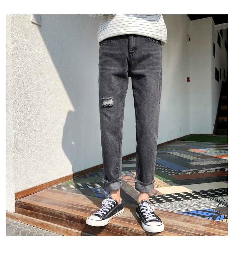 2019 Осенние повседневные потертые рваные облегающие мужские джинсы модные хлопковые однотонные синие/черные мужские брюки-карандаш M-2XL