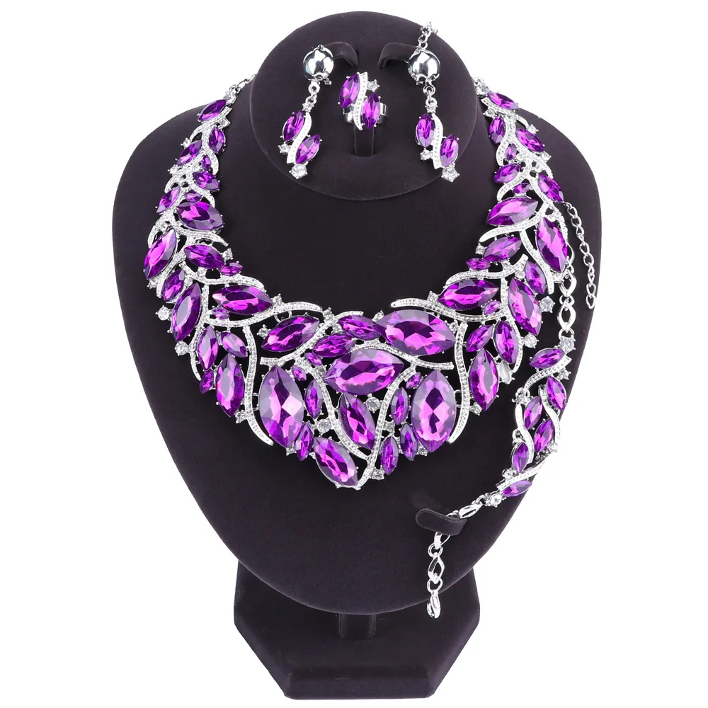 Fashion Purple Crystal Wedding Jewelry Sets For Bride Party Necklace
