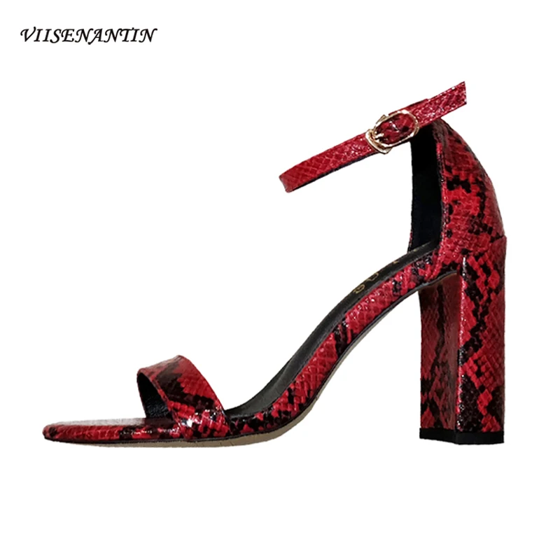 

VIISENANTIN one word strap high heel summer sandal for lady concise style nude red snakeskin pattern woman ankle strap shoe