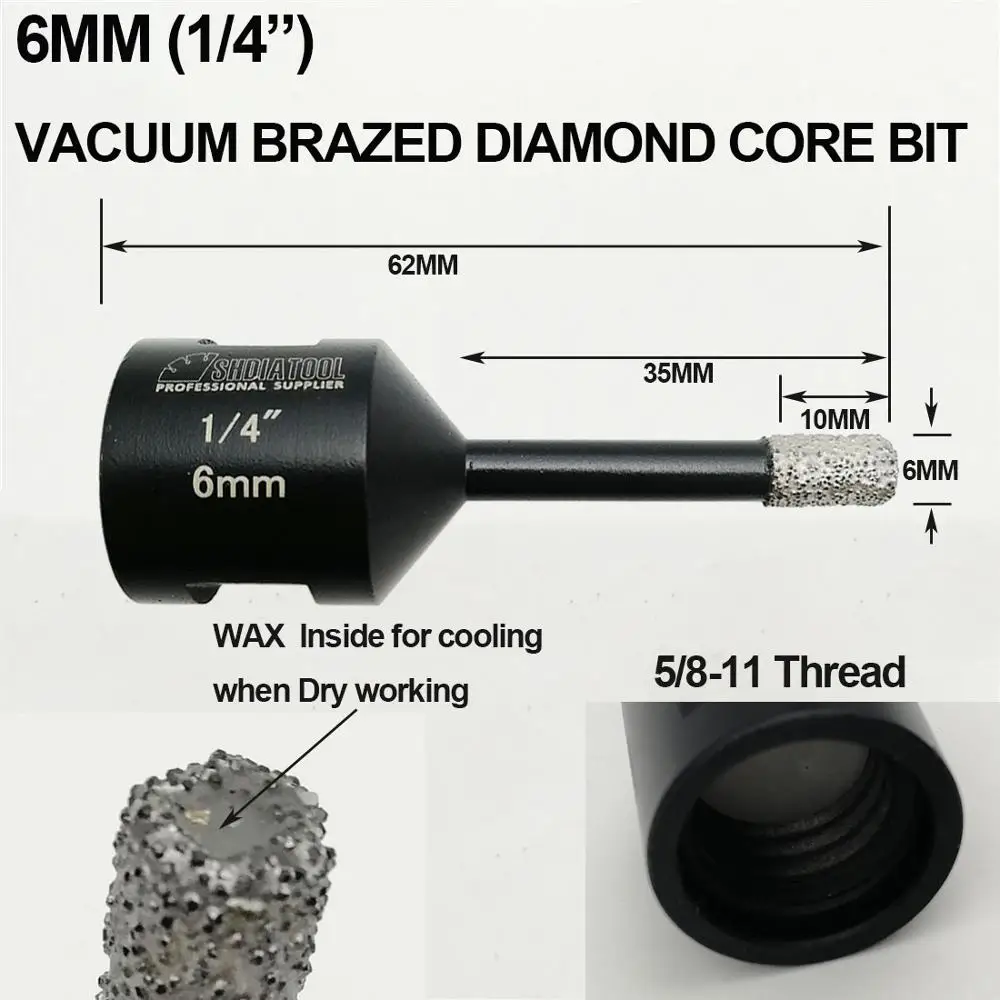 2pcs 6mm Vacuum brazed diamond Dry drilling core bits Dimeter 1/4" 5/8-11 connection drill bits for granite marble tile