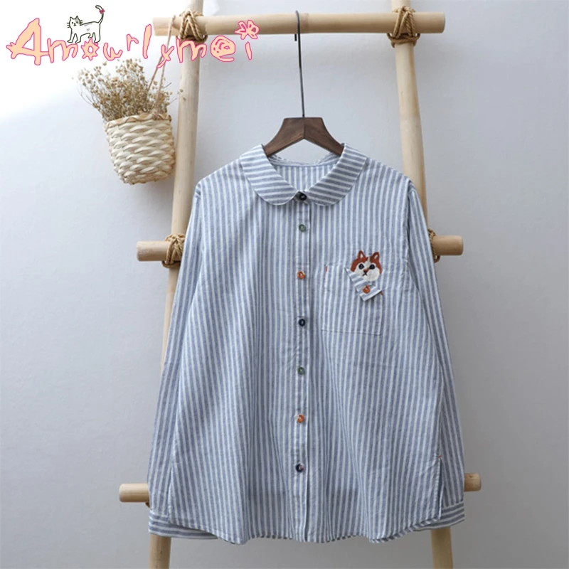 

Cat Embroidered Pocket Colorful Button Long Sleeve Shirt Mori Girl 2019 Spring Autumn Women Cotton Casual Blouse Tops