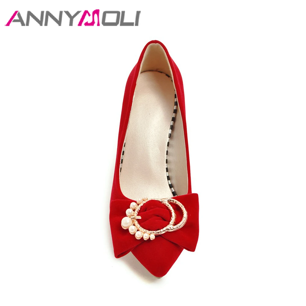 ANNYMOLI Women Pumps High Heels Ladies Party Shoes Bow Pointed Toe Stiletto Female Shoes Crystal Red Black Spring Shoes Size 43