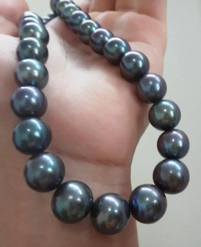 

HUGE 18"10-11mm south sea genuine gray blue perfect round pearl necklace
