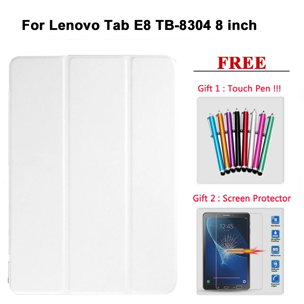Free Screen Protector Glass+Case For Lenovo Tab E7 / E8 / E10 / M10 PU Leather Smart Magnetic Cover TB/X104F/7104F/8304F/X605F - Цвет: Tab E8 bai