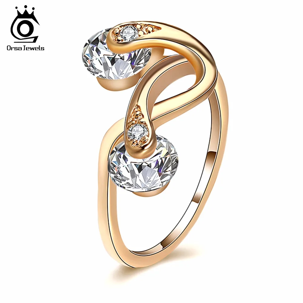 ORSA JEWELS Rings For Women AAA Cubic Zircon Gold-Color Twisted Ring Luxury Female Jewelry Wedding Gift New Arrivals OMR18
