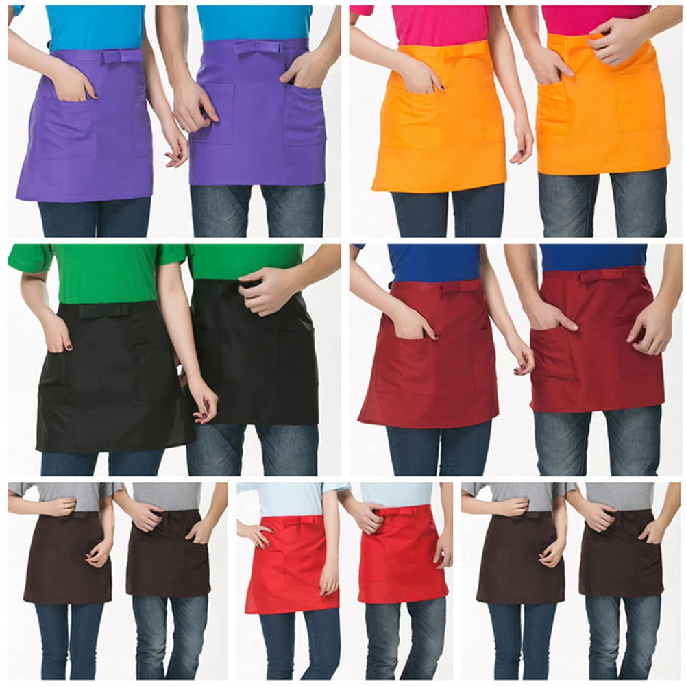 

Newest Half-length Short Waist Apron with Pockets Catering Chefs Bar Waiters Uniform
