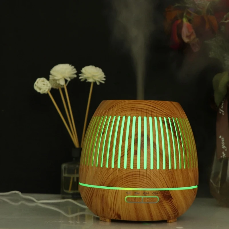 

400Ml Aromatherapy Essential Oil Diffuser Wood Grain Hallow 7 Color Light Aroma Lamp Humidifier Home (Us Plug)