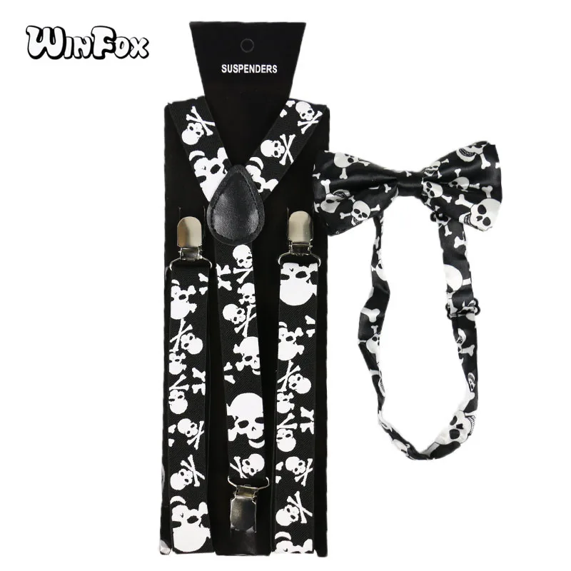 

Winfox Vintage Black White Bowtie Brace 2.5cm Wide Suspenders Bow Tie Set Women Men Music Note Suspenders