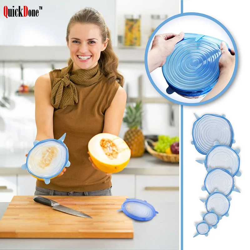 

QuickDone 6Pcs Silicone Stretch Suction Pot Lids Food Grade Fresh Keeping Wrap Seal Lid Pan Cover Kitchen Accessories AKC6117