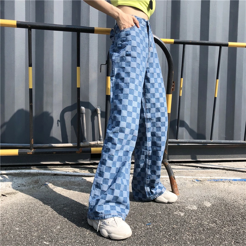 Woherb Jeans Woman Plaid Pants Hip Hop New Female Wide Leg Pants Fashion Harajuku BF Vintage High Waist Denim Pants 22706