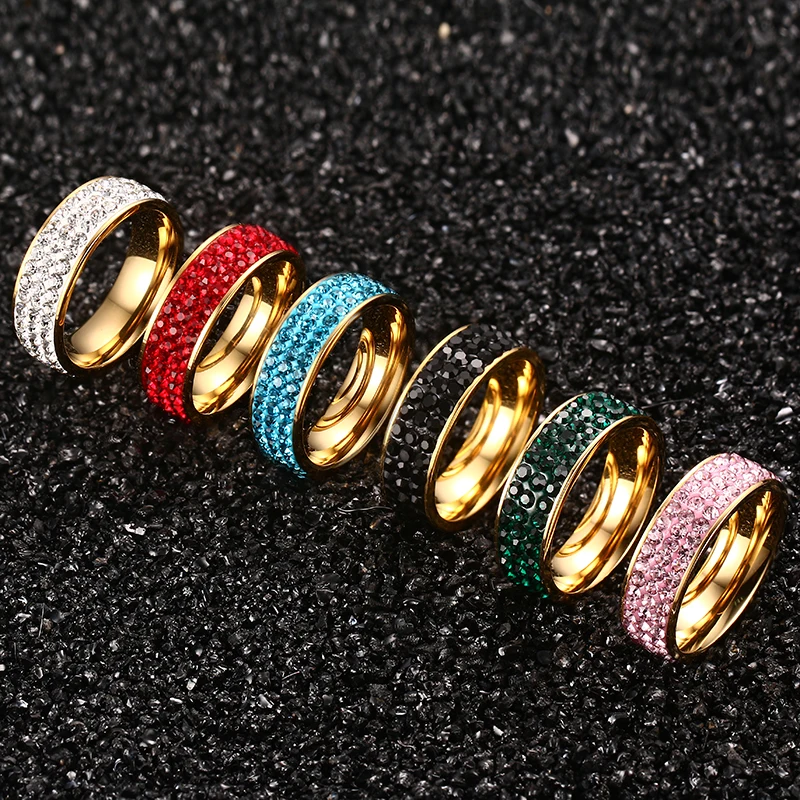 Meaeguet Red Shining Bright Full Paved Crystal Ring Gold-color Stainless Steel 3-Row Stone Wedding Rings For Women Wedding Band