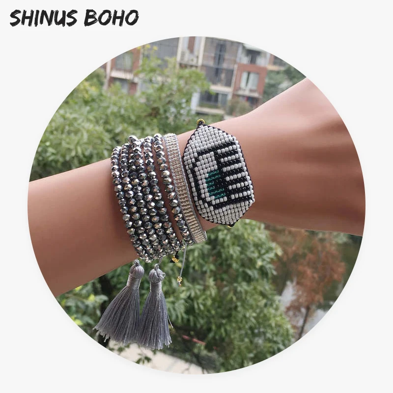 Женский браслет SHINUSBOHO Eye Bileklik Lucky Charm Jewelry Delicas Miyuki серебряный со стразами и