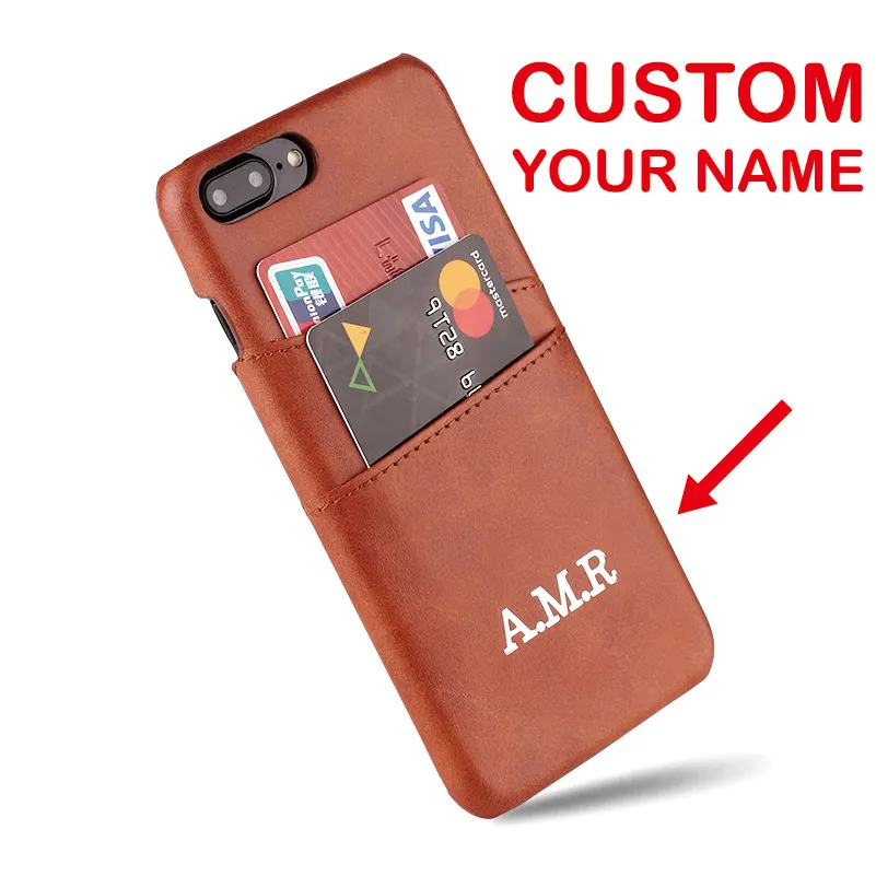 

Real Leather Card Slot Gold Silver Custom Your Name Text Personalized For iPhone X XR XS Max 6S 7 7Plus 8 8Plus Phone Case