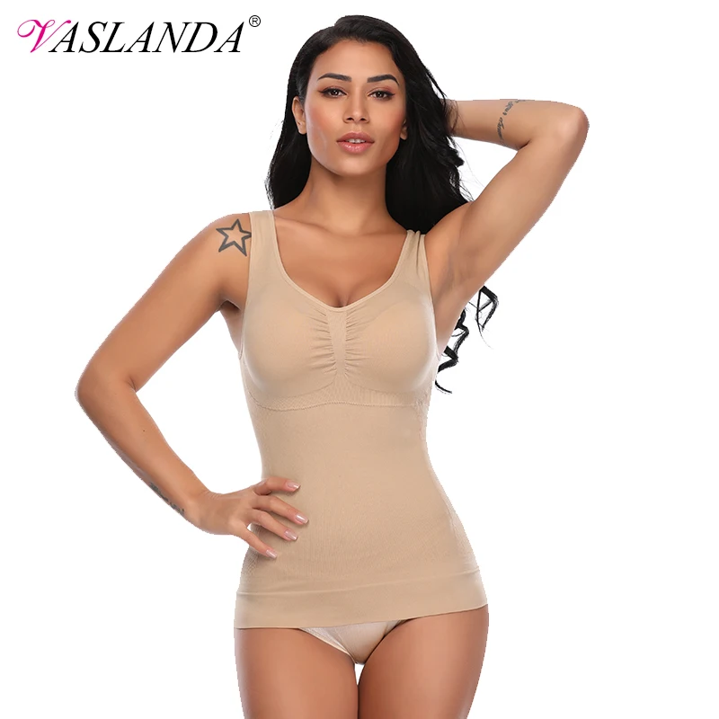 

VASLANDA Women Slim Shapewear Slimming Vest Seamless Tank Top Chest Up Body Shaper Removable Pads Sleeping Underwear