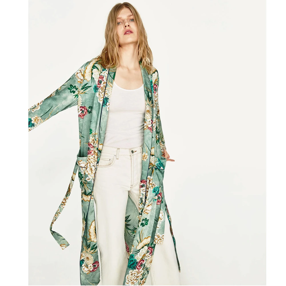 2018 New Vintage Pareo Retro Floral Print Green Long