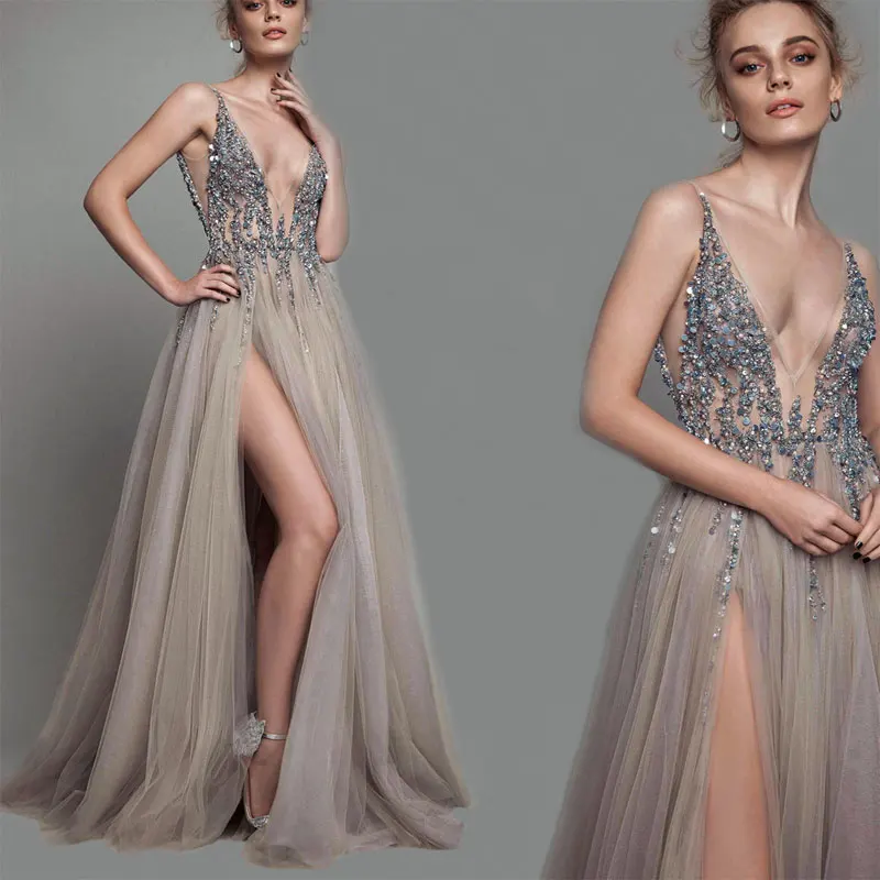 

2019 Sexy Evening Dress V Neck Beads Open Back A Line Long Evening Dresses Party High Split Tulle Prom Gowns Vestido De Festa