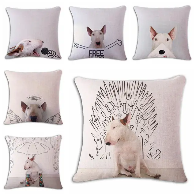 Fun Dog Cushion Cover Lovely Bull Terrier Home Decor Sofa Throw Fun Dog Cushion Cover Lovely Bull Terrier Home Decor Sofa Throw Pillow Case Paw Almofada Pet