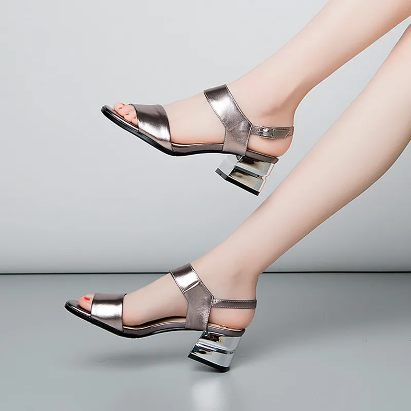 

New Arrive High Heels Sandals Women 5cm Buckle Solid Genuine Leather Shoes Woman Sandals Fashion Contracted Party Shoes