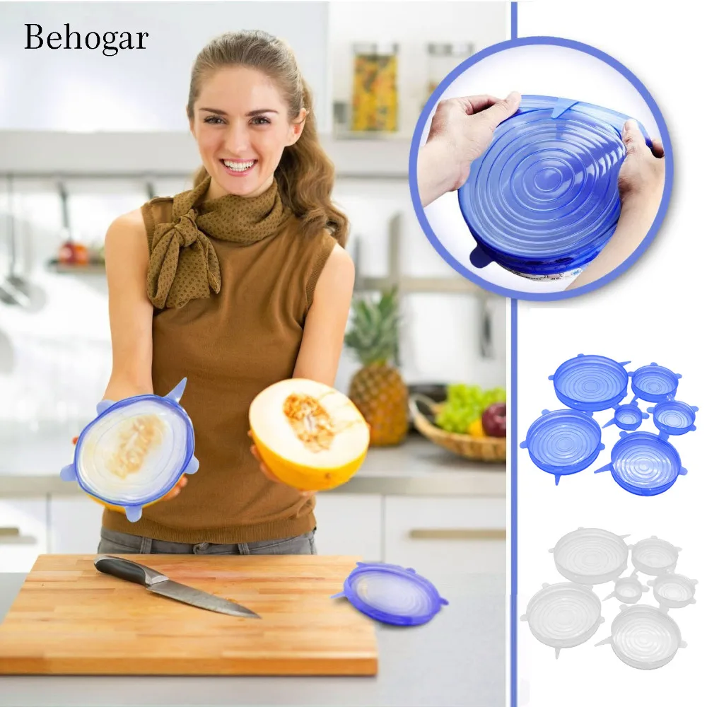 

Behogar 6PCS/Set Universal Silicone Stretch Preserve Pot Bowl Lid for Fridge Microwave Oven Food Saver Reusable Containers Cover