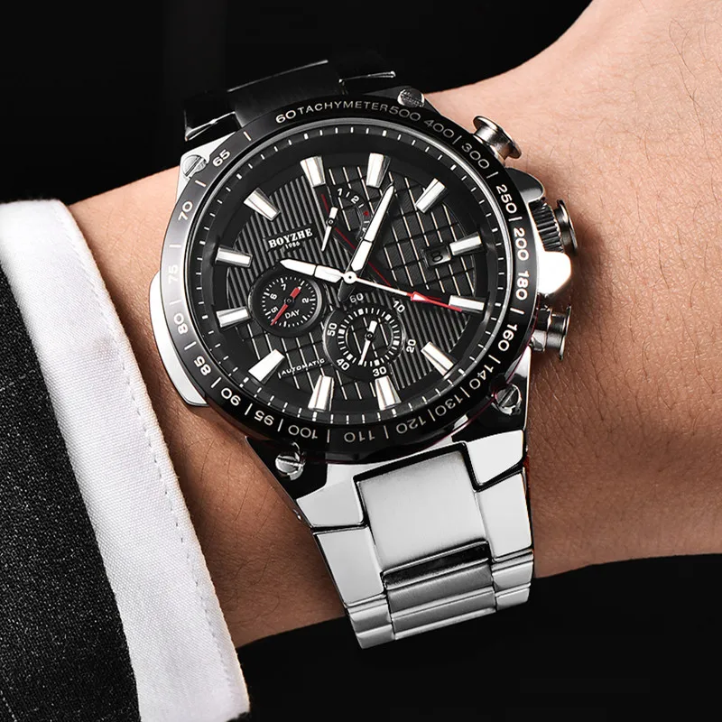 BOYZHE الرجال التلقائي الميكانيكية ووتش عارضة الازياء الفاخرة الفولاذ المقاوم للصدأ أعلى العلامة التجارية الرياضة الذاتي الرياح الساعات Relogio ... BOYZHE الرجال التلقائي الميكانيكية ووتش عارضة الازياء الفاخرة الفولاذ المقاوم للصدأ أعلى العلامة التجارية الرياضة الذاتي الرياح الساعات Relogio ...