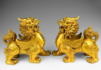 

11 China Pure Brass Fengshui Yuanbao Wealth Money Brave troops kylin Statue Pair