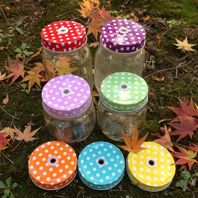 3 PCS Drinking glass colorful polka dots lids , Mason jar Hole Lids for Kids Parties birthday Baby Showers Drinking Accessories