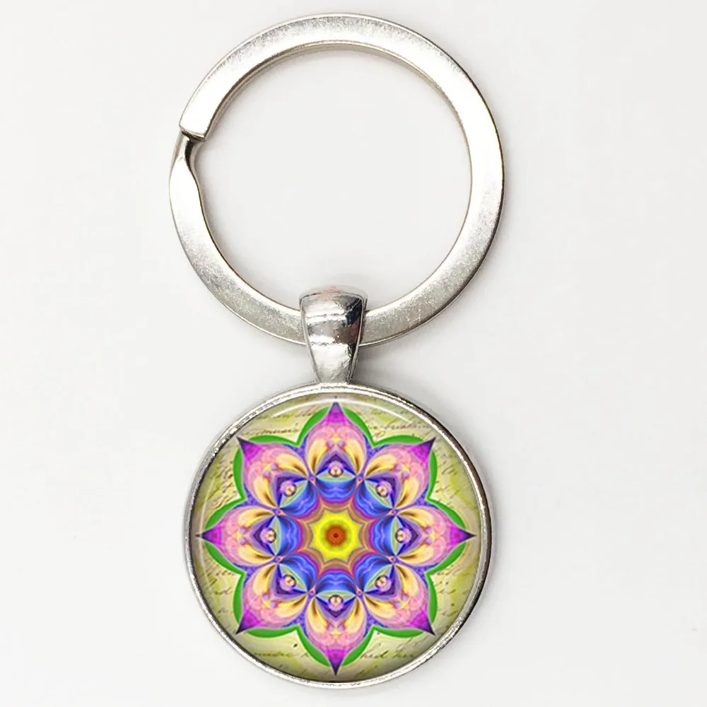 Mandala Key chain Sacred geometry Keychain jewelry handmade art glass pendant Keyring Keys ring