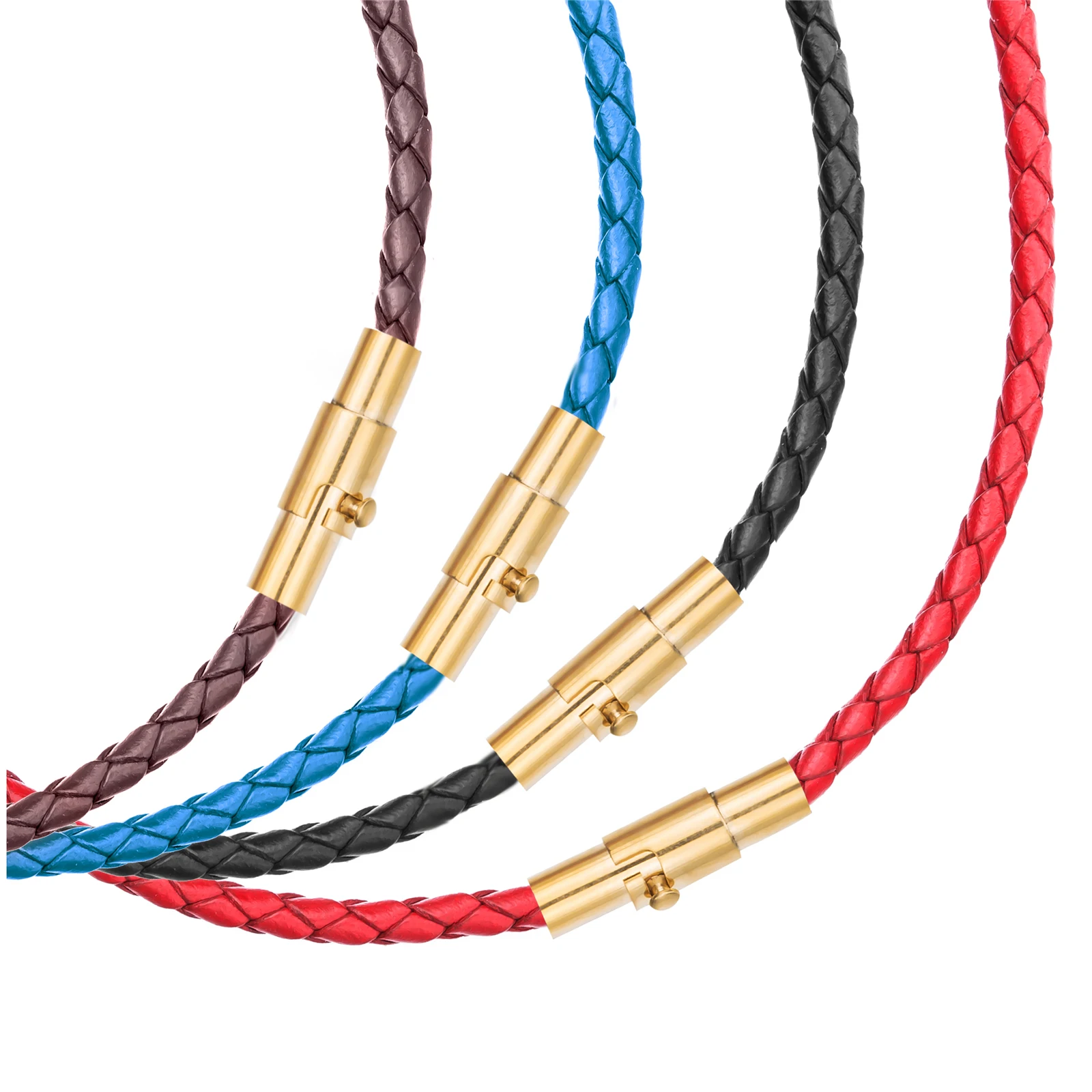 3mm Mens Womens Multicolor Braided Genuine Leather Cord Gold Stainless Steel Secure Clasp ...