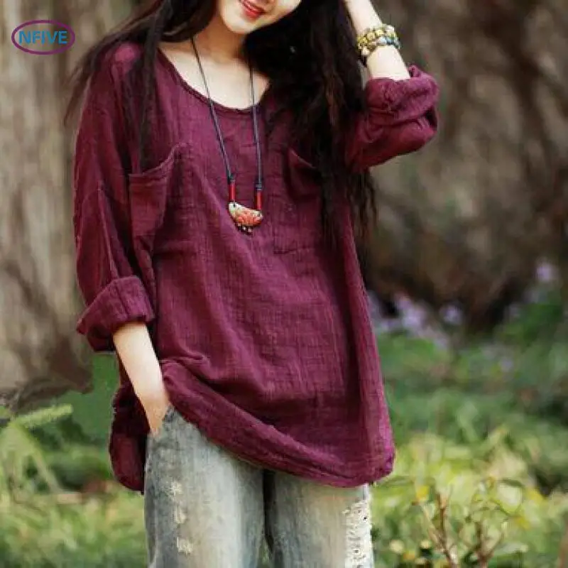 

NFIVE Brand 2018 Women Thin Length T-shirts New Fashion Autumn Retro Loose Shirt Pure Color Long Sleeved Pocket Leisure T-shirt