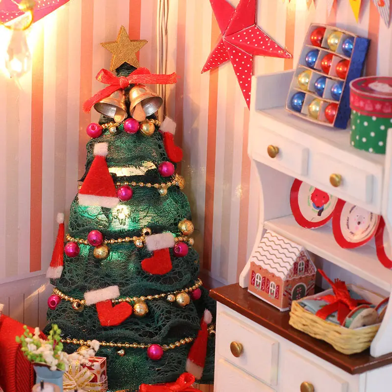 С рождественской елкой DIY деревянный кукольный дом игрушки кукольный домик миниатюрная коробка набор ручной работы кукольный домик как дети Рождество/подарок на день рождения