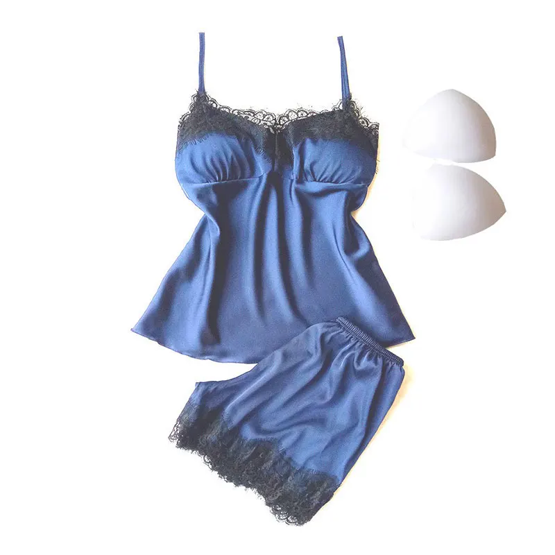 

2019new pajama set silk lace sling+shorts 2 piece solid color comfortable home clothing spring summer sexy lingerie pijama mujer